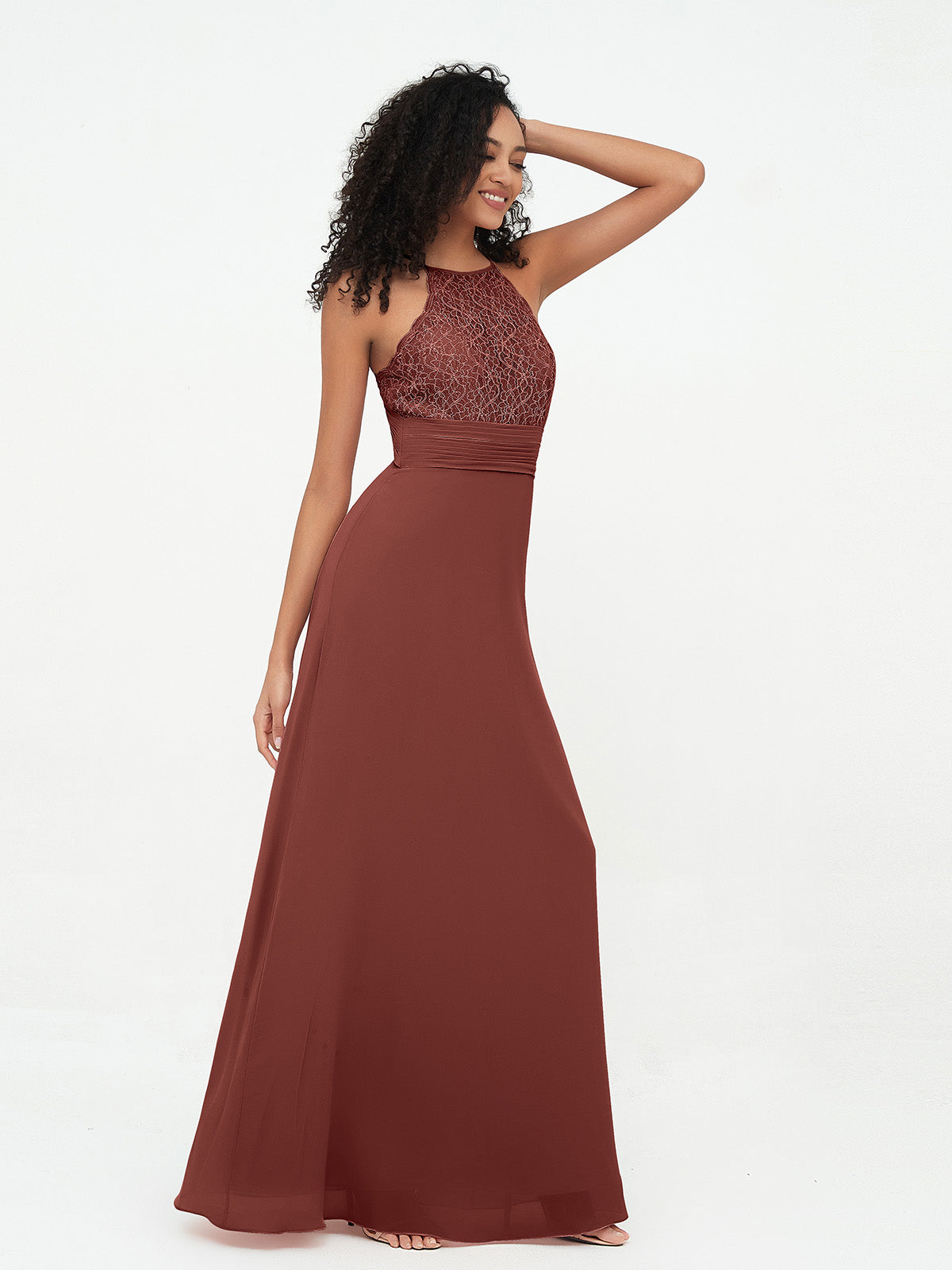 Vestidos de halter con top de encaje y espalda descubierta de gasa Terracota