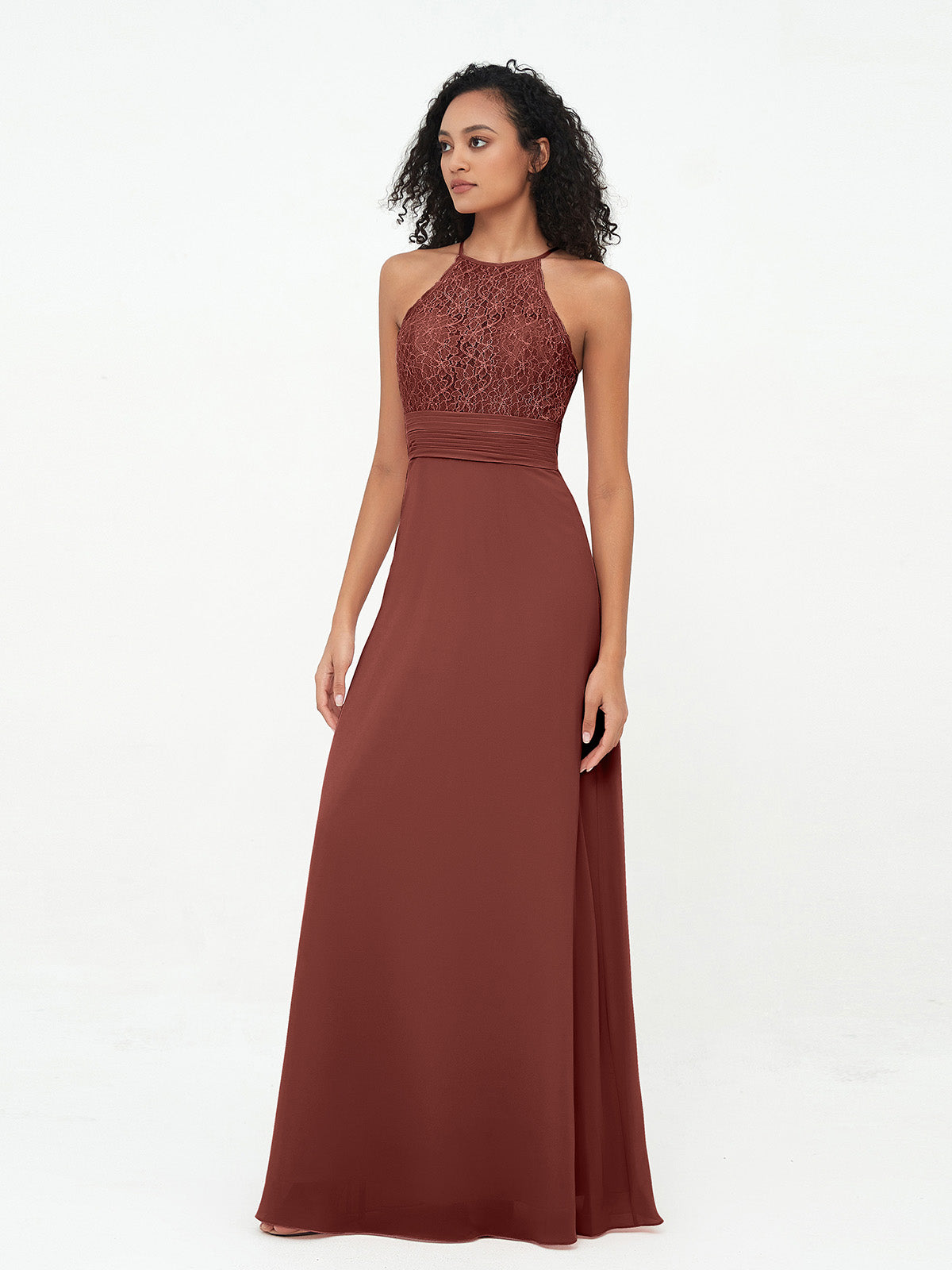Vestidos de halter con top de encaje y espalda descubierta de gasa Terracota