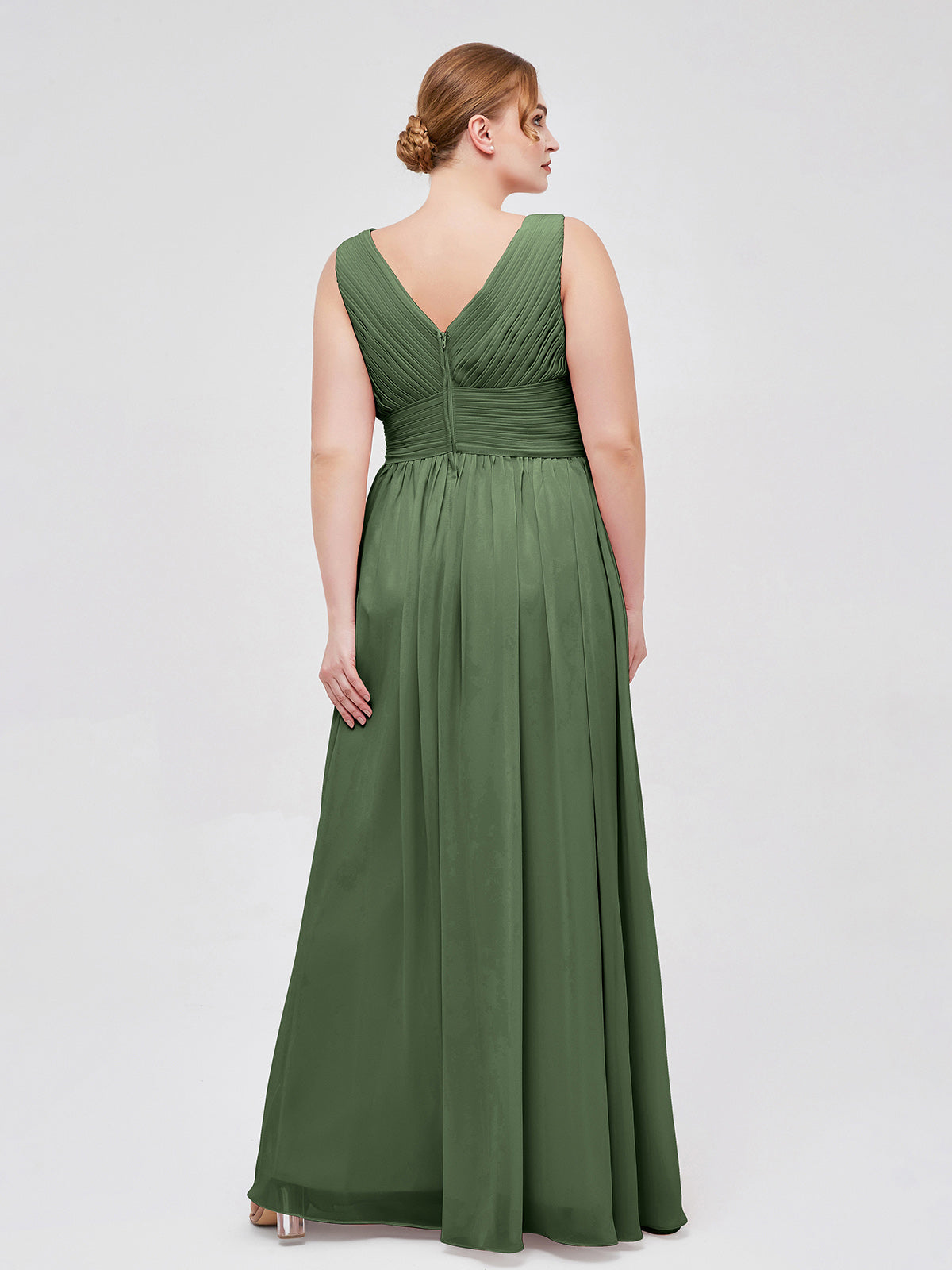 Vestidos largos de chiffon con escote en V hasta el suelo Verde Oliva Tallas Grandes