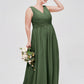 Vestidos largos de chiffon con escote en V hasta el suelo Verde Oliva Tallas Grandes