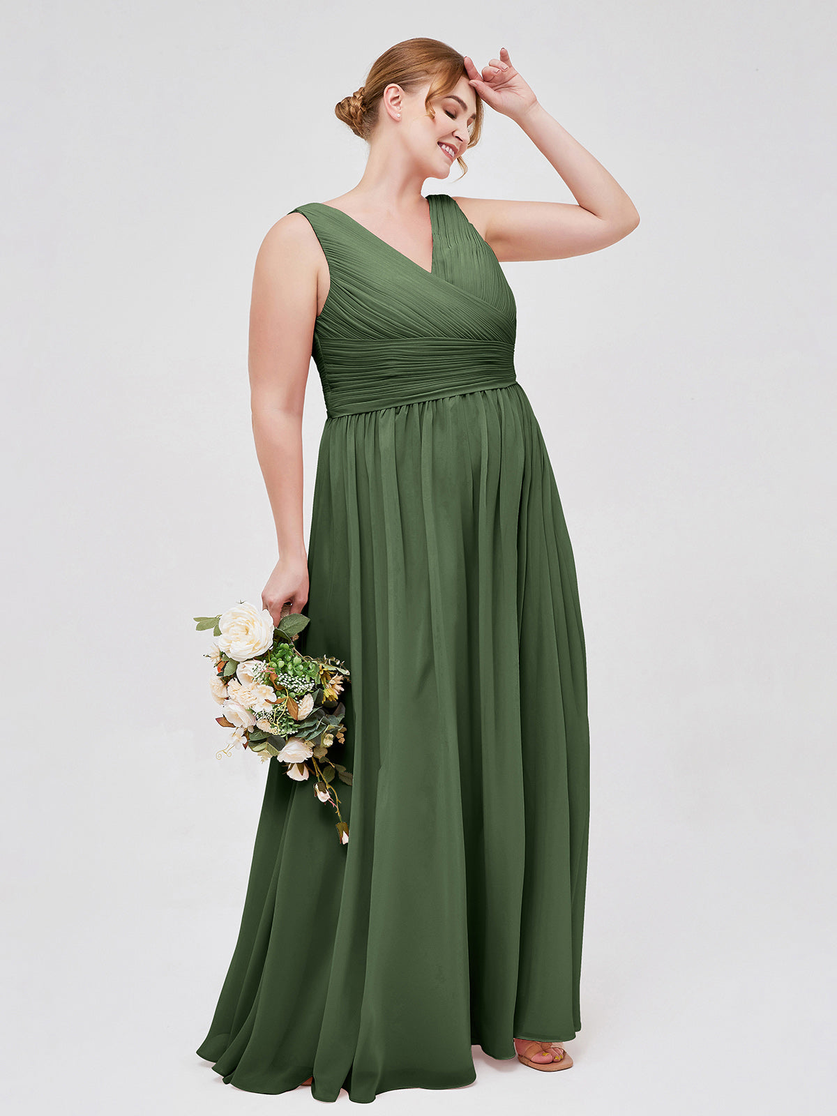 Vestidos largos de chiffon con escote en V hasta el suelo Verde Oliva Tallas Grandes