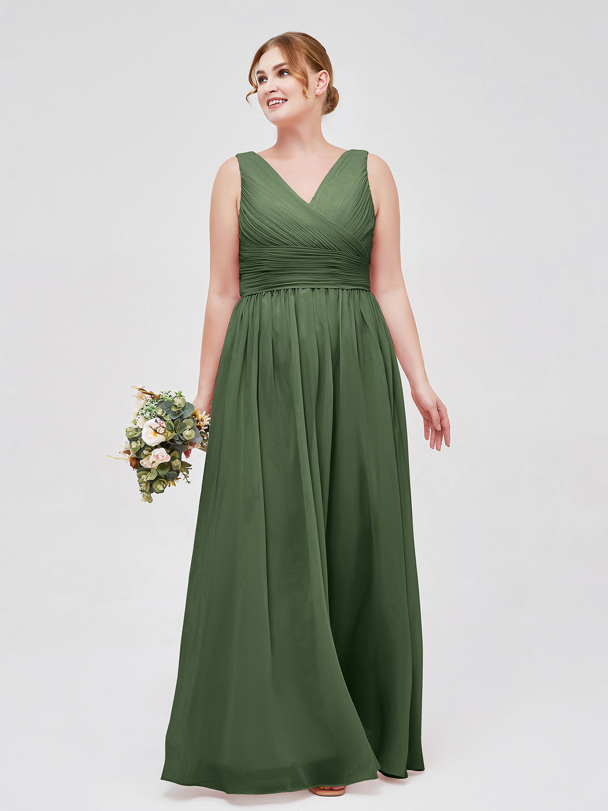 Vestidos largos de chiffon con escote en V hasta el suelo Verde Oliva Tallas Grandes