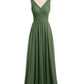 Vestidos largos de chiffon con escote en V hasta el suelo Verde Oliva Tallas Grandes