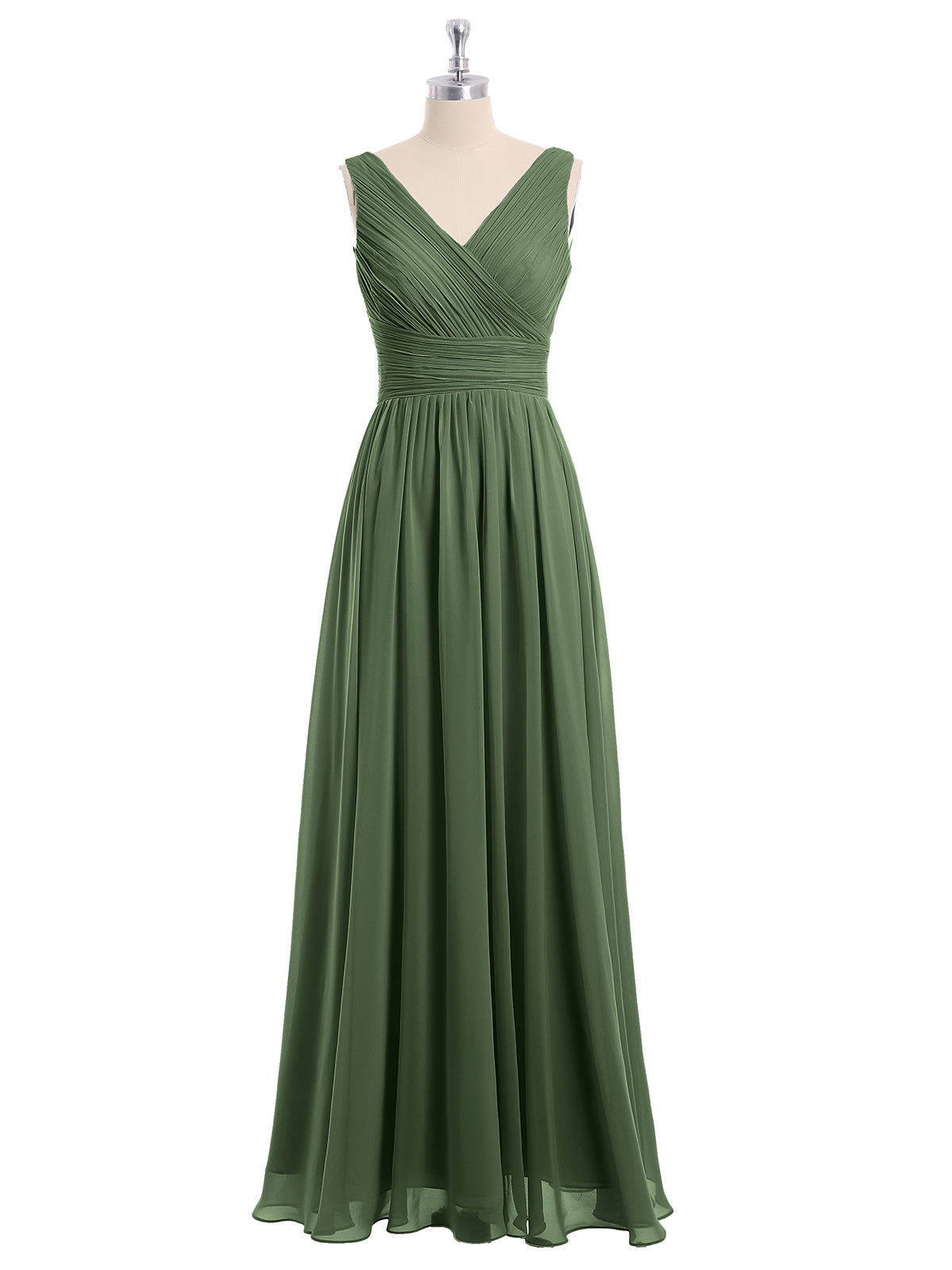 Vestidos largos de chiffon con escote en V hasta el suelo Verde Oliva Tallas Grandes