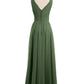 Vestidos largos de chiffon con escote en V hasta el suelo Verde Oliva Tallas Grandes