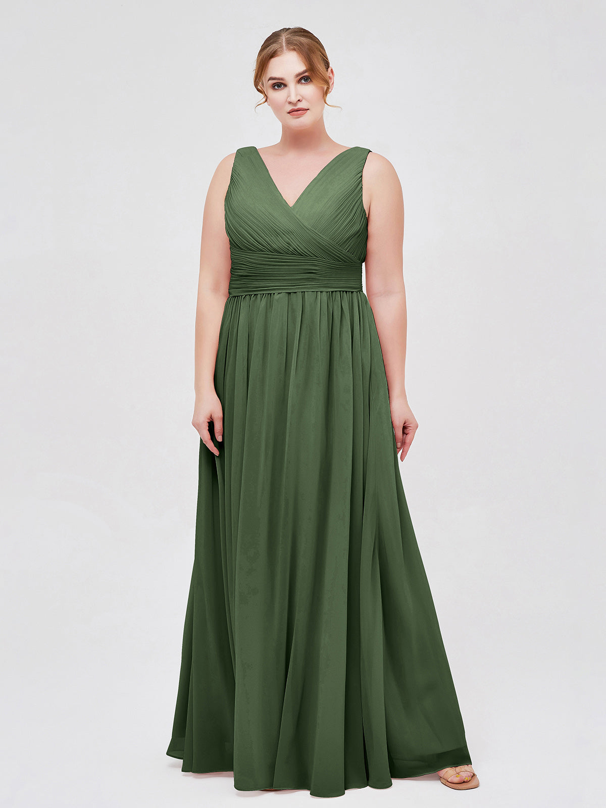 Vestidos largos de chiffon con escote en V hasta el suelo Verde Oliva Tallas Grandes