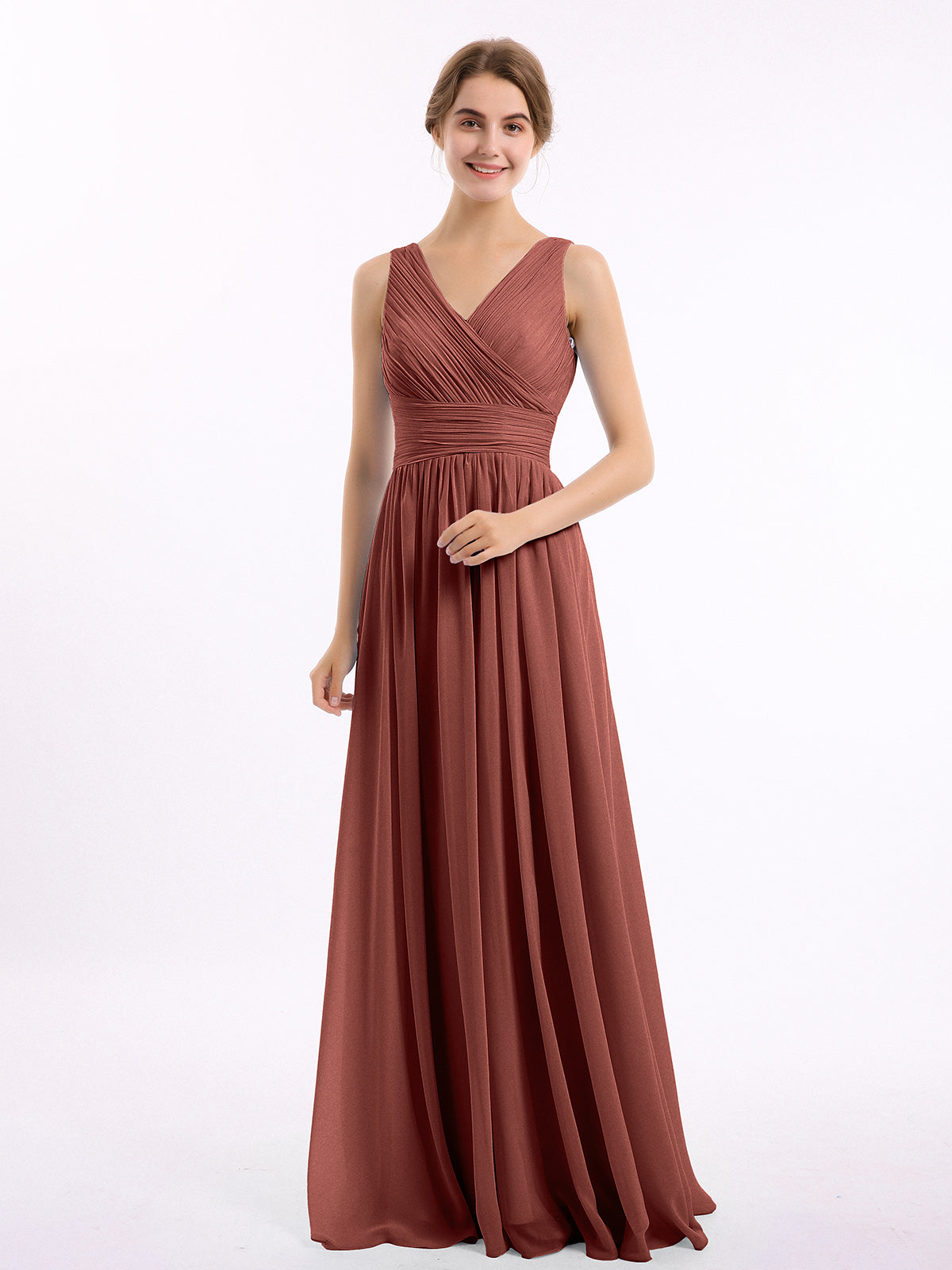 Vestidos largos de chiffon con escote en V hasta el suelo Terracota