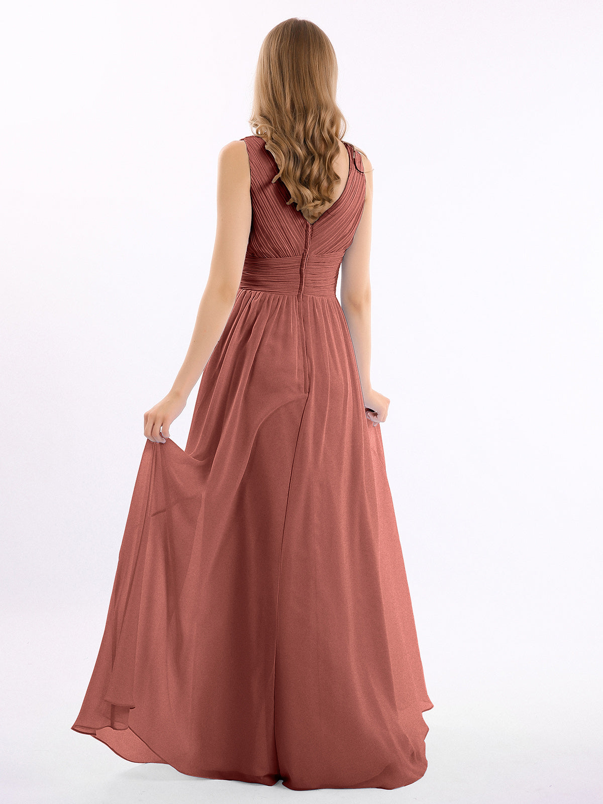 Vestidos largos de chiffon con escote en V hasta el suelo Terracota