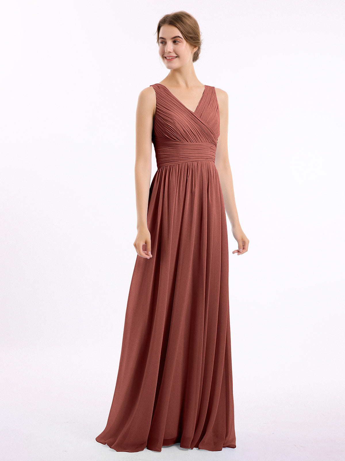 Vestidos largos de chiffon con escote en V hasta el suelo Terracota