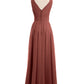 Vestidos largos de chiffon con escote en V hasta el suelo Terracota