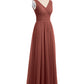 Vestidos largos de chiffon con escote en V hasta el suelo Terracota