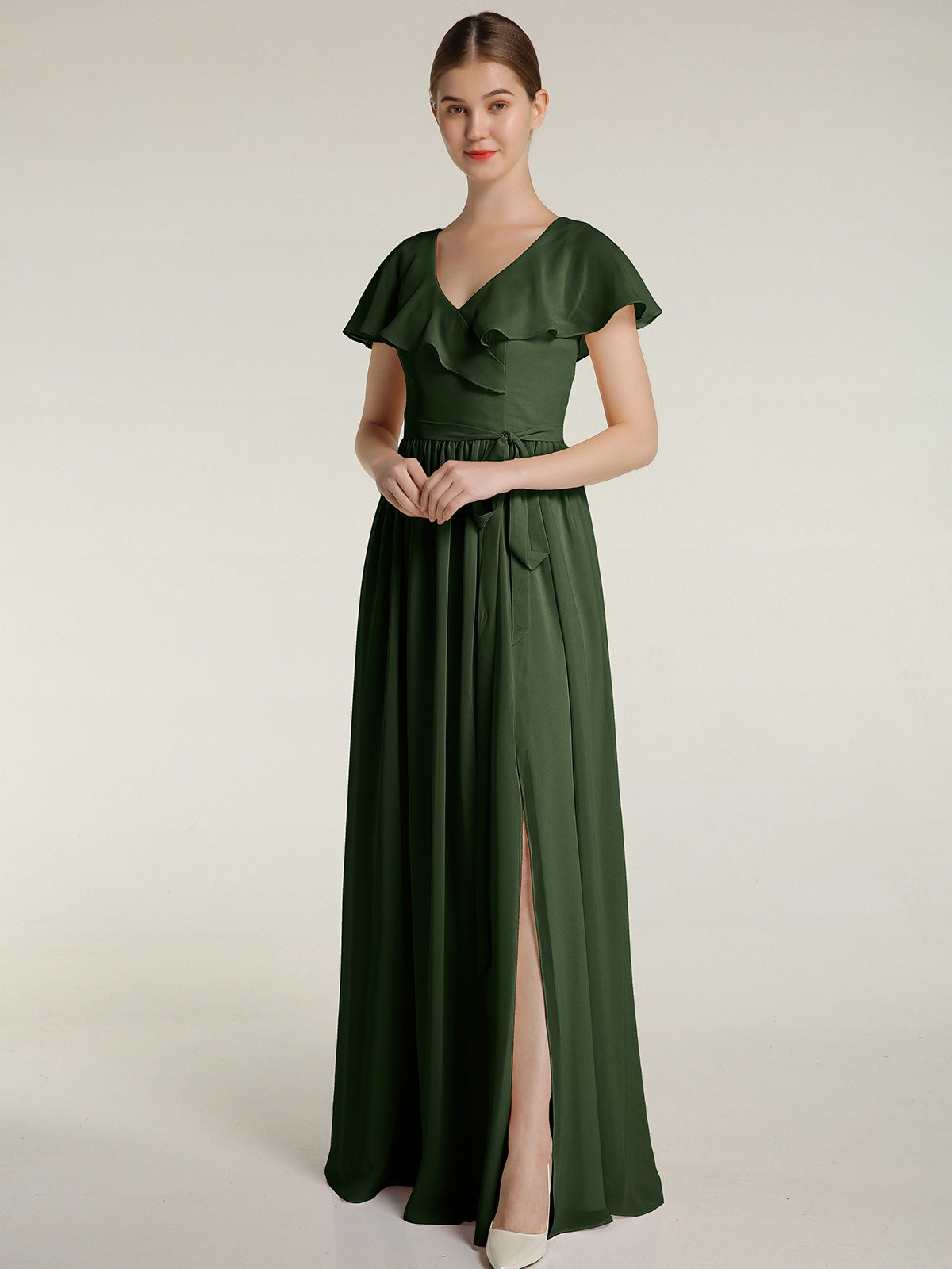 Vestidos largos de chiffon con mangas cap y abertura Verde Oliva Tallas Grandes