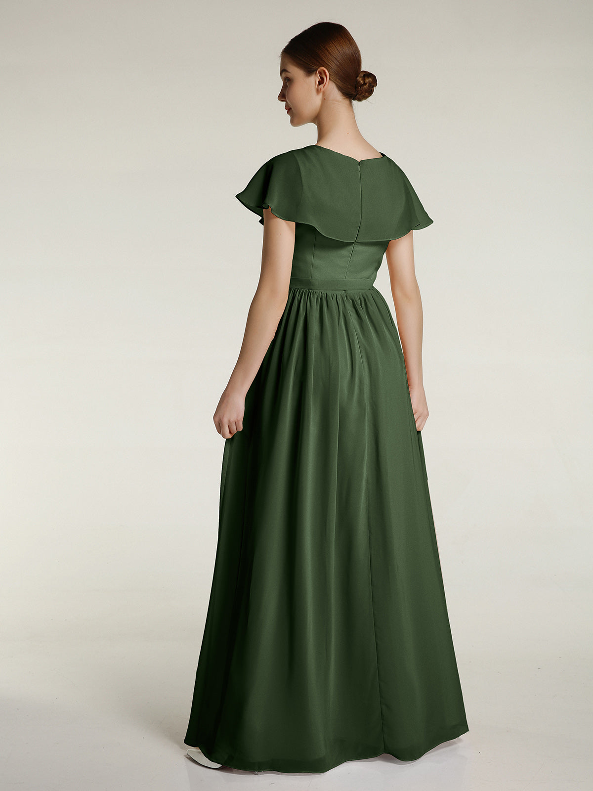 Vestidos largos de chiffon con mangas cap y abertura Verde Oliva