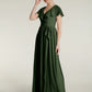 Vestidos largos de chiffon con mangas cap y abertura Verde Oliva