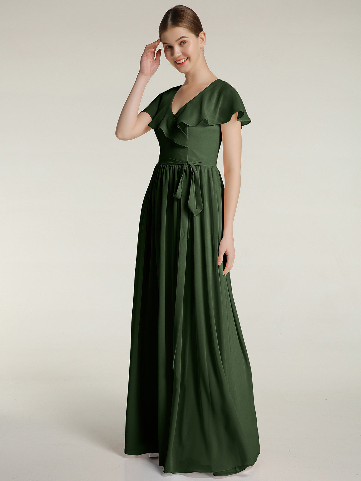 Vestidos largos de chiffon con mangas cap y abertura Verde Oliva