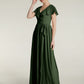 Vestidos largos de chiffon con mangas cap y abertura Verde Oliva Tallas Grandes