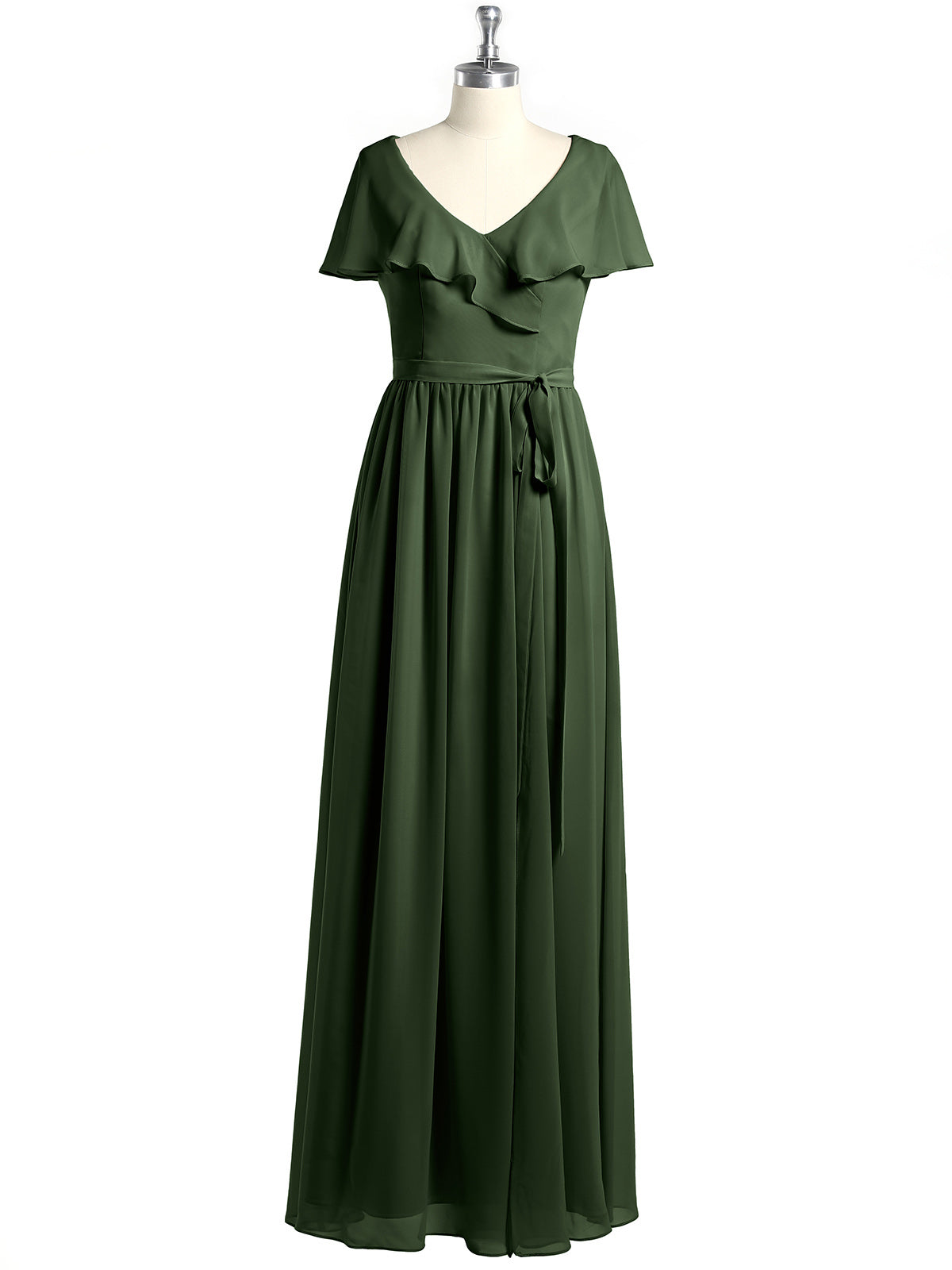 Vestidos largos de chiffon con mangas cap y abertura Verde Oliva