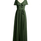 Vestidos largos de chiffon con mangas cap y abertura Verde Oliva Tallas Grandes