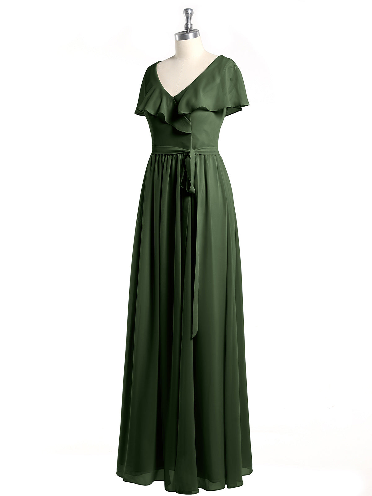 Vestidos largos de chiffon con mangas cap y abertura Verde Oliva