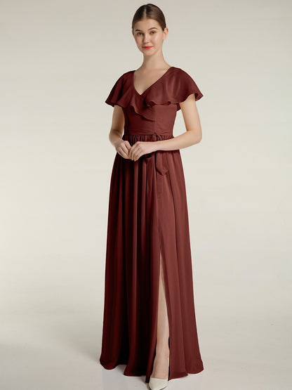 Vestidos largos de chiffon con mangas cap y abertura Terracota
