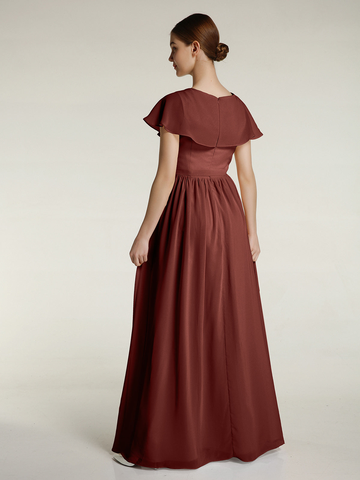 Vestidos largos de chiffon con mangas cap y abertura Terracota Tallas Grandes