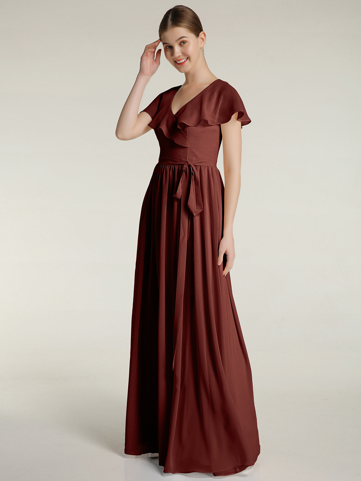 Vestidos largos de chiffon con mangas cap y abertura Terracota