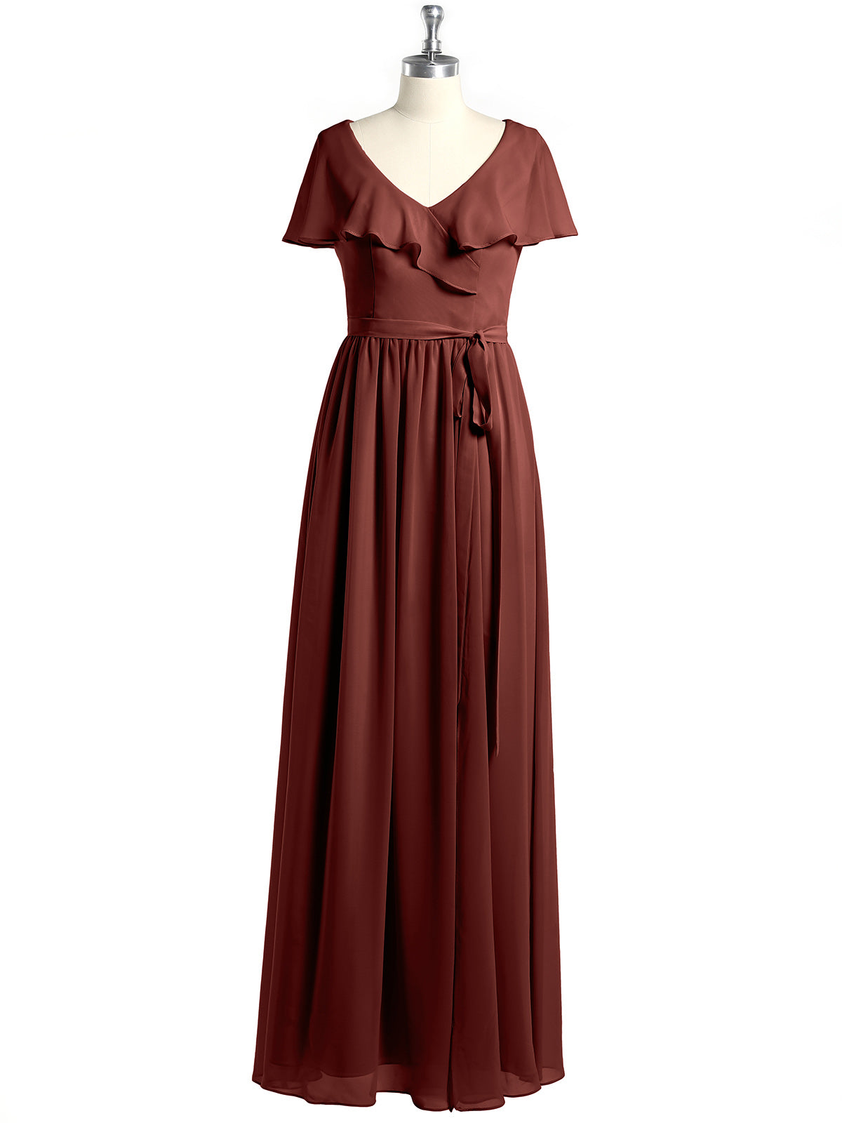 Vestidos largos de chiffon con mangas cap y abertura Terracota