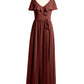 Vestidos largos de chiffon con mangas cap y abertura Terracota Tallas Grandes