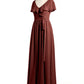 Vestidos largos de chiffon con mangas cap y abertura Terracota