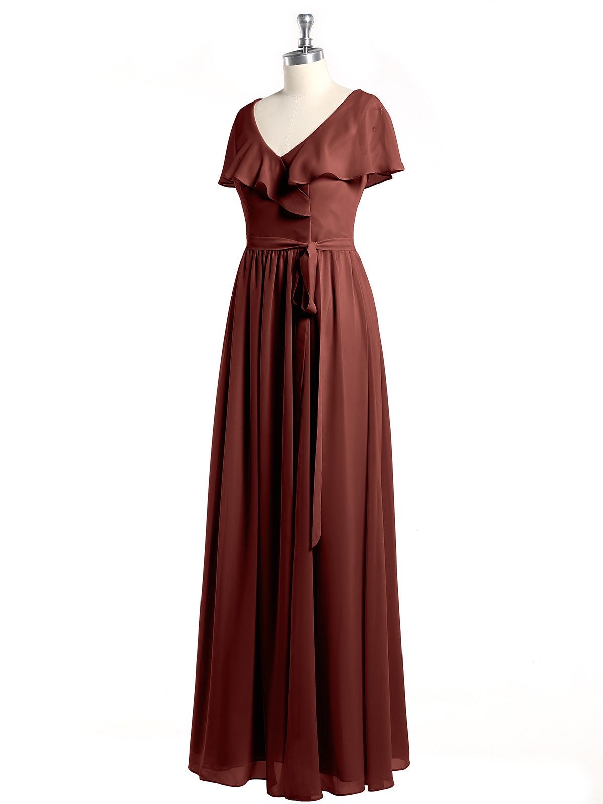 Vestidos largos de chiffon con mangas cap y abertura Terracota