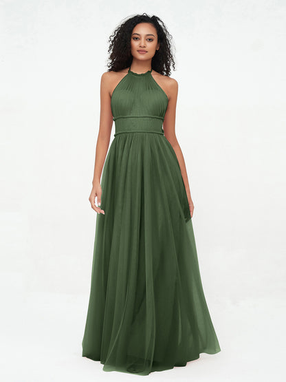 Vestidos boho máximos de tul con escote halter ilusión Verde Oliva Tallas Grandes