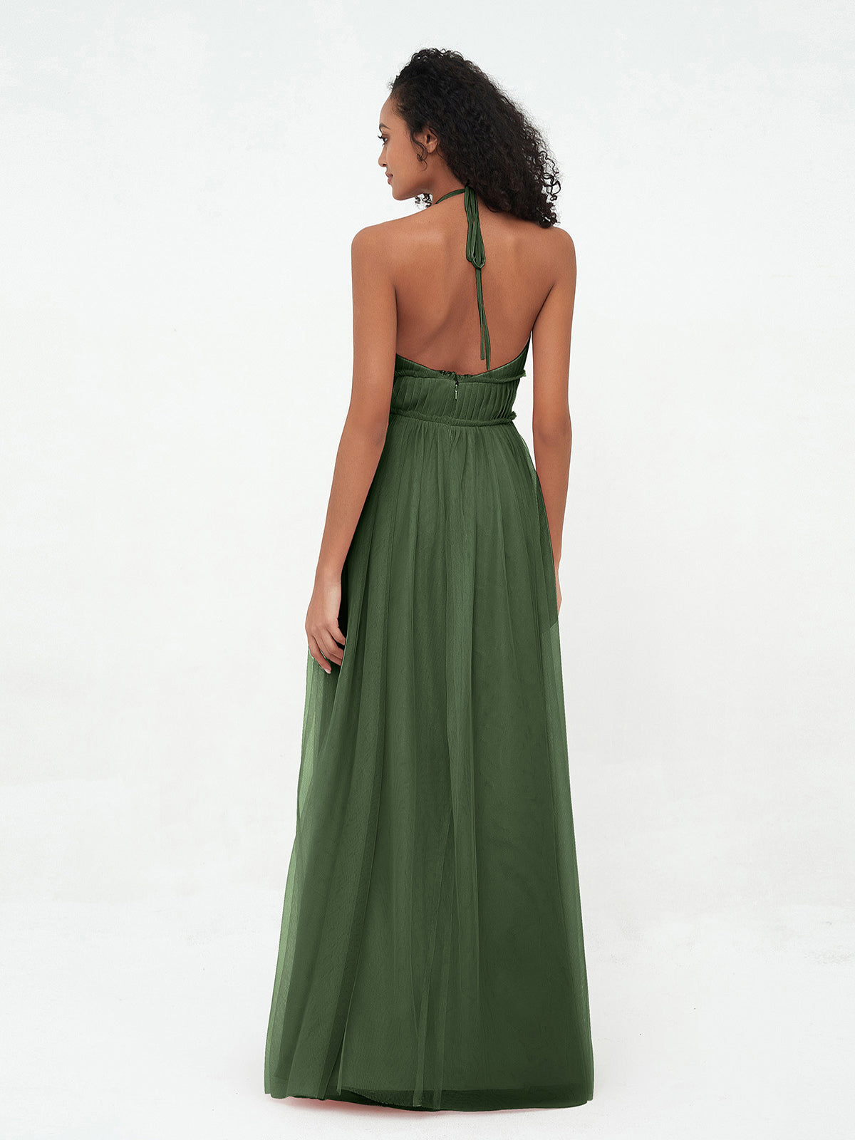 Vestidos boho máximos de tul con escote halter ilusión Verde Oliva Tallas Grandes