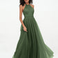 Vestidos boho máximos de tul con escote halter ilusión Verde Oliva Tallas Grandes