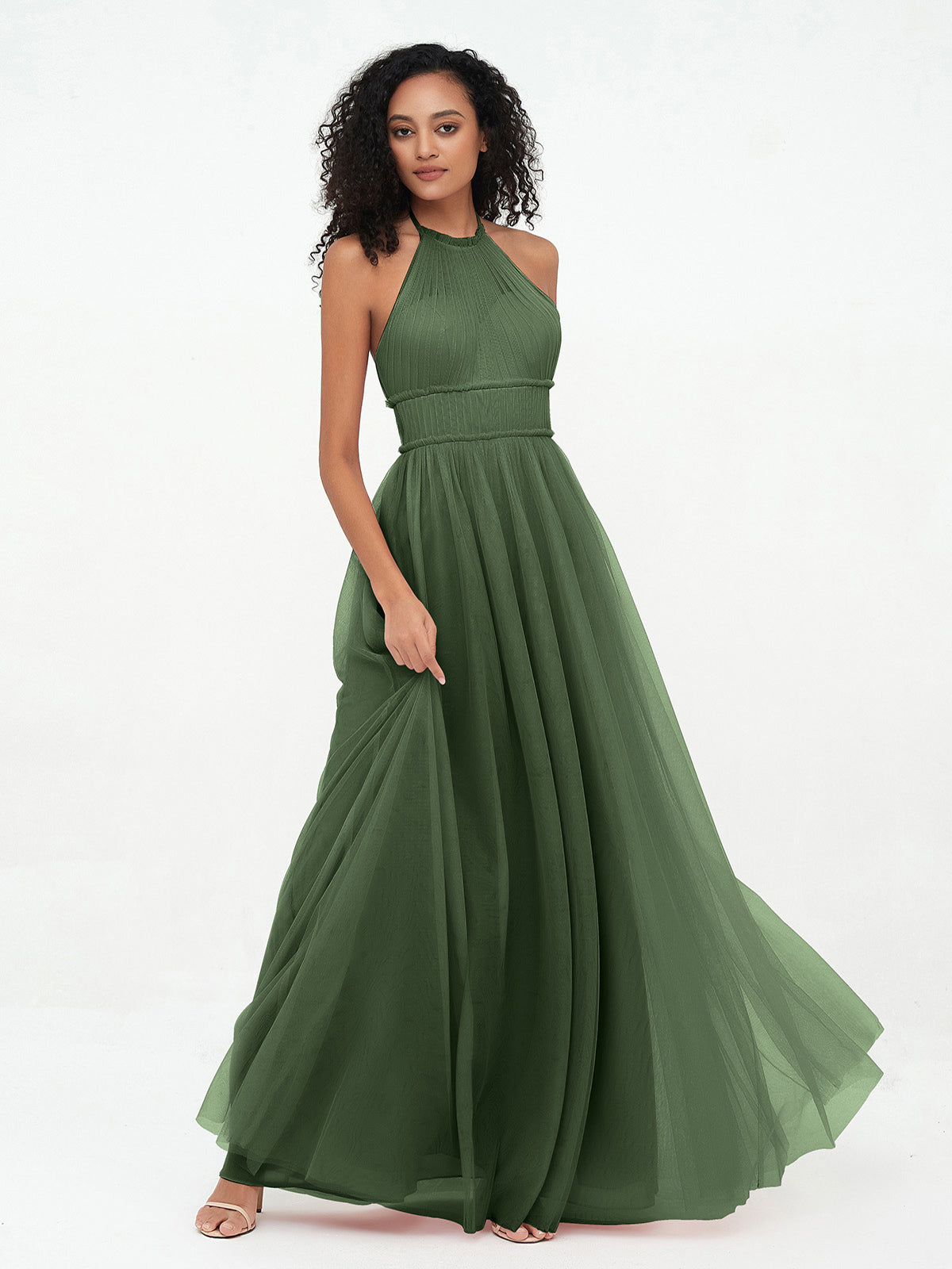 Vestidos boho máximos de tul con escote halter ilusión Verde Oliva Tallas Grandes