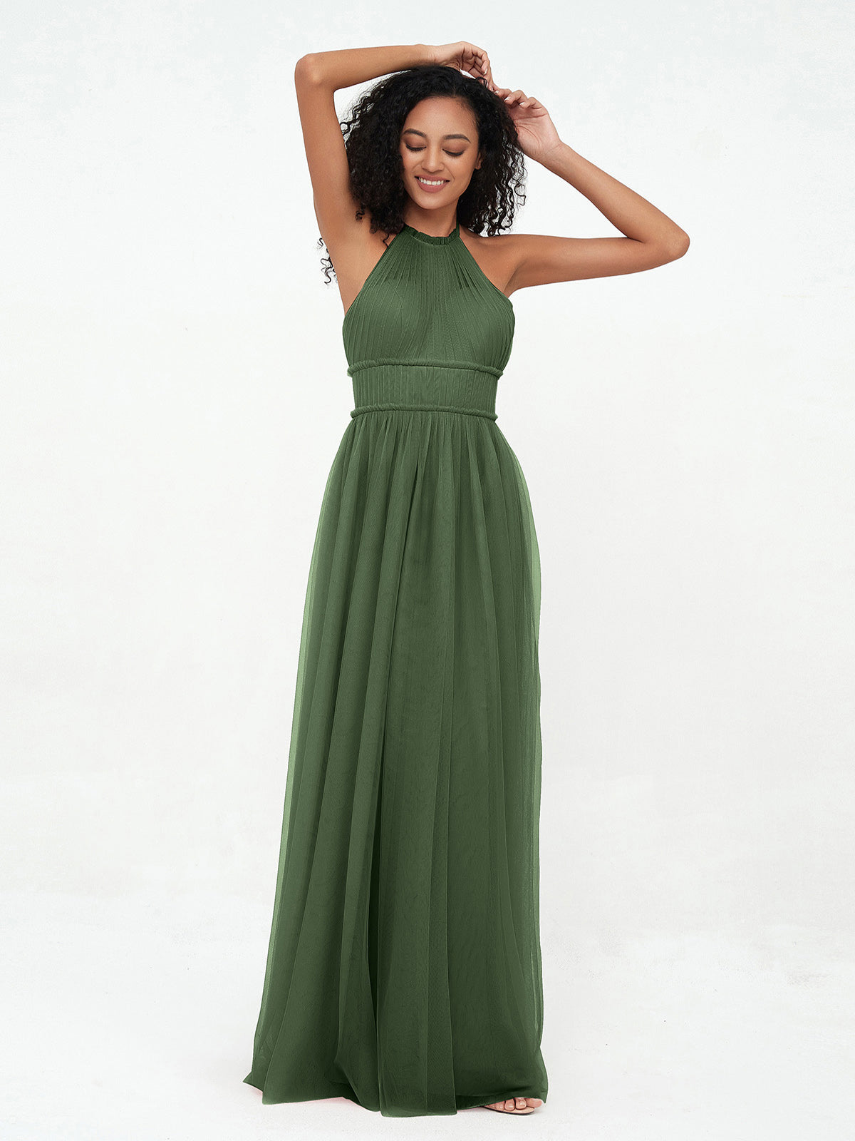 Vestidos boho máximos de tul con escote halter ilusión Verde Oliva Tallas Grandes