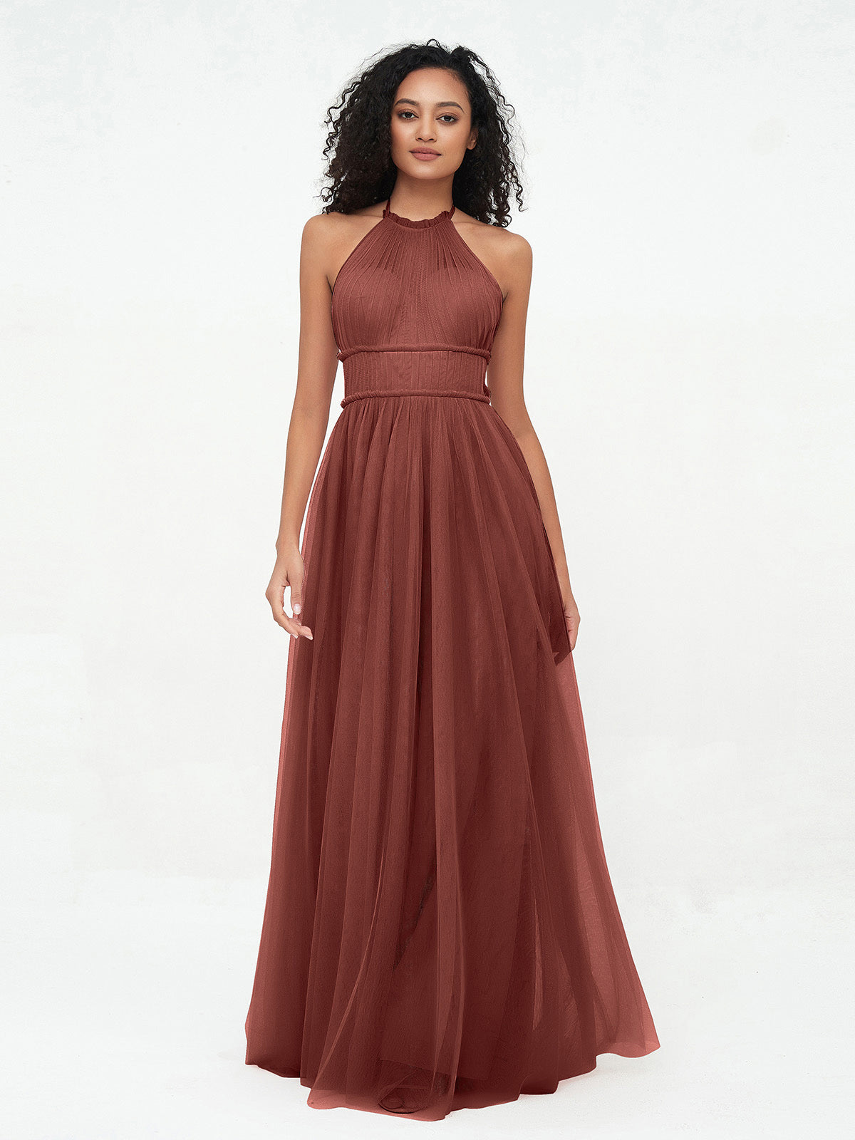 Vestidos boho máximos de tul con escote halter ilusión Terracota Tallas Grandes