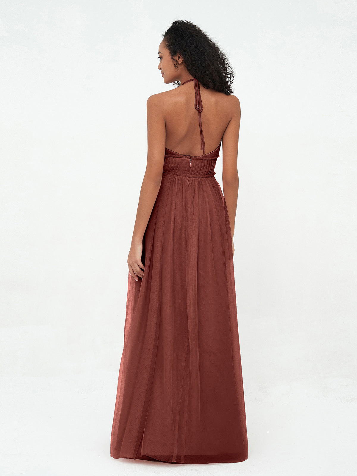 Vestidos boho máximos de tul con escote halter ilusión Terracota Tallas Grandes