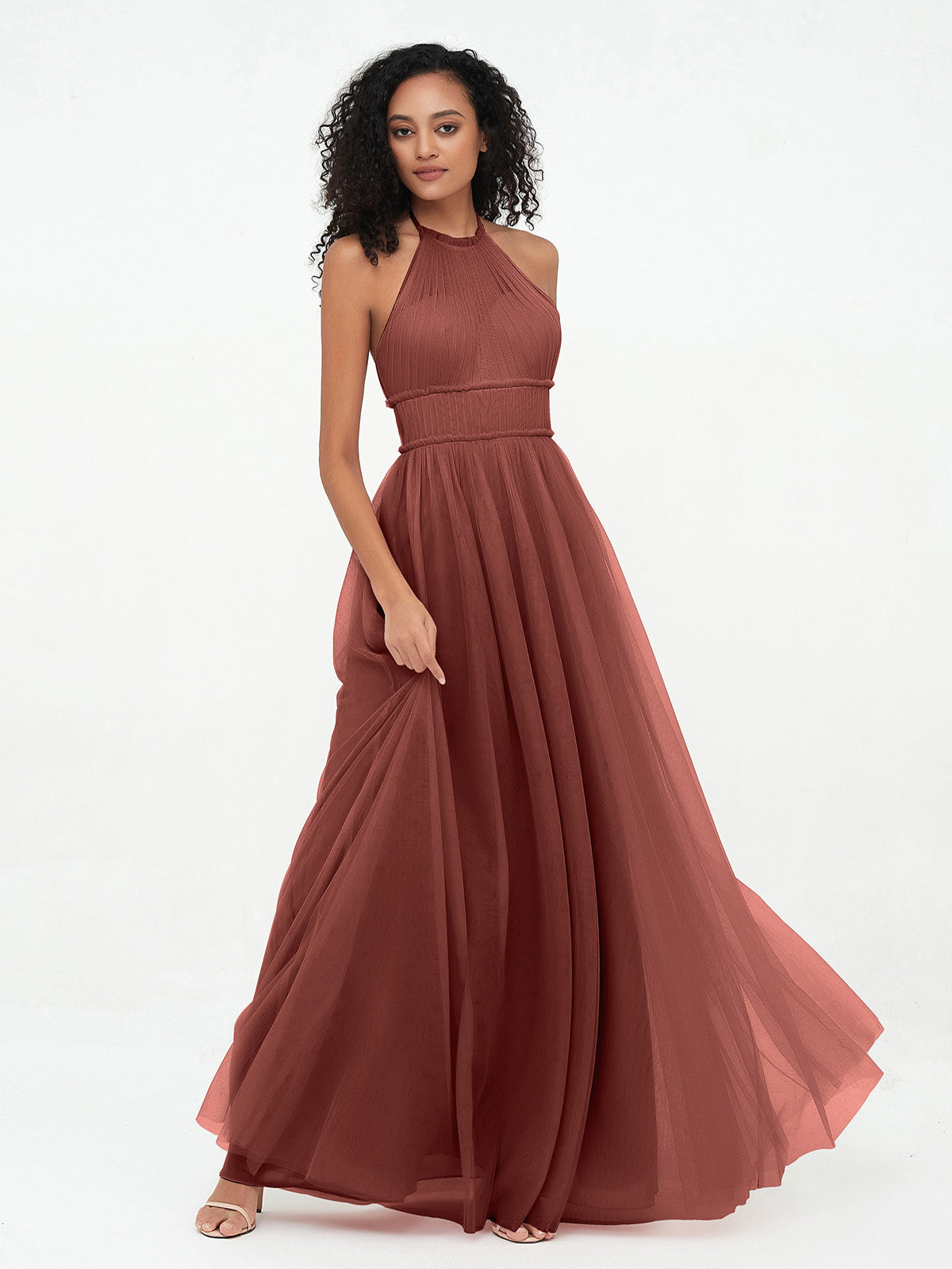 Vestidos boho máximos de tul con escote halter ilusión Terracota Tallas Grandes