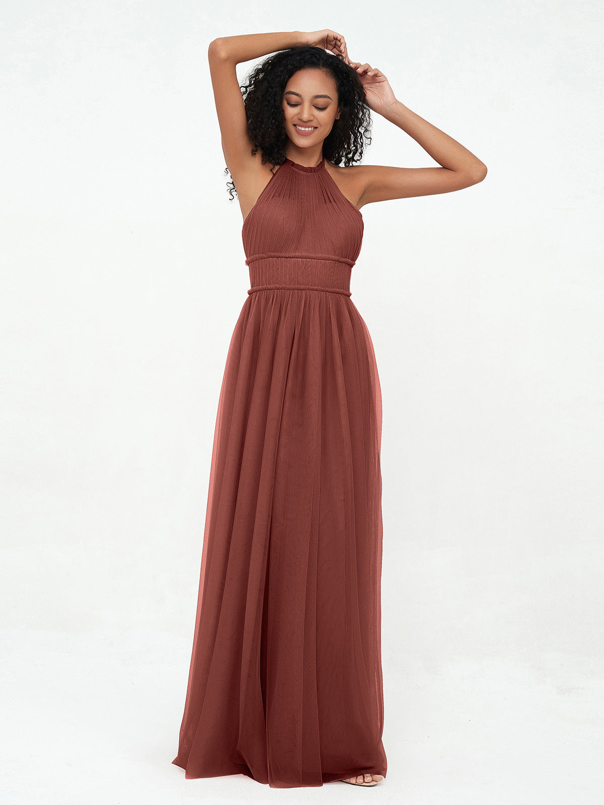 Vestidos boho máximos de tul con escote halter ilusión Terracota