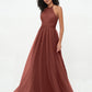 Vestidos boho máximos de tul con escote halter ilusión Terracota Tallas Grandes