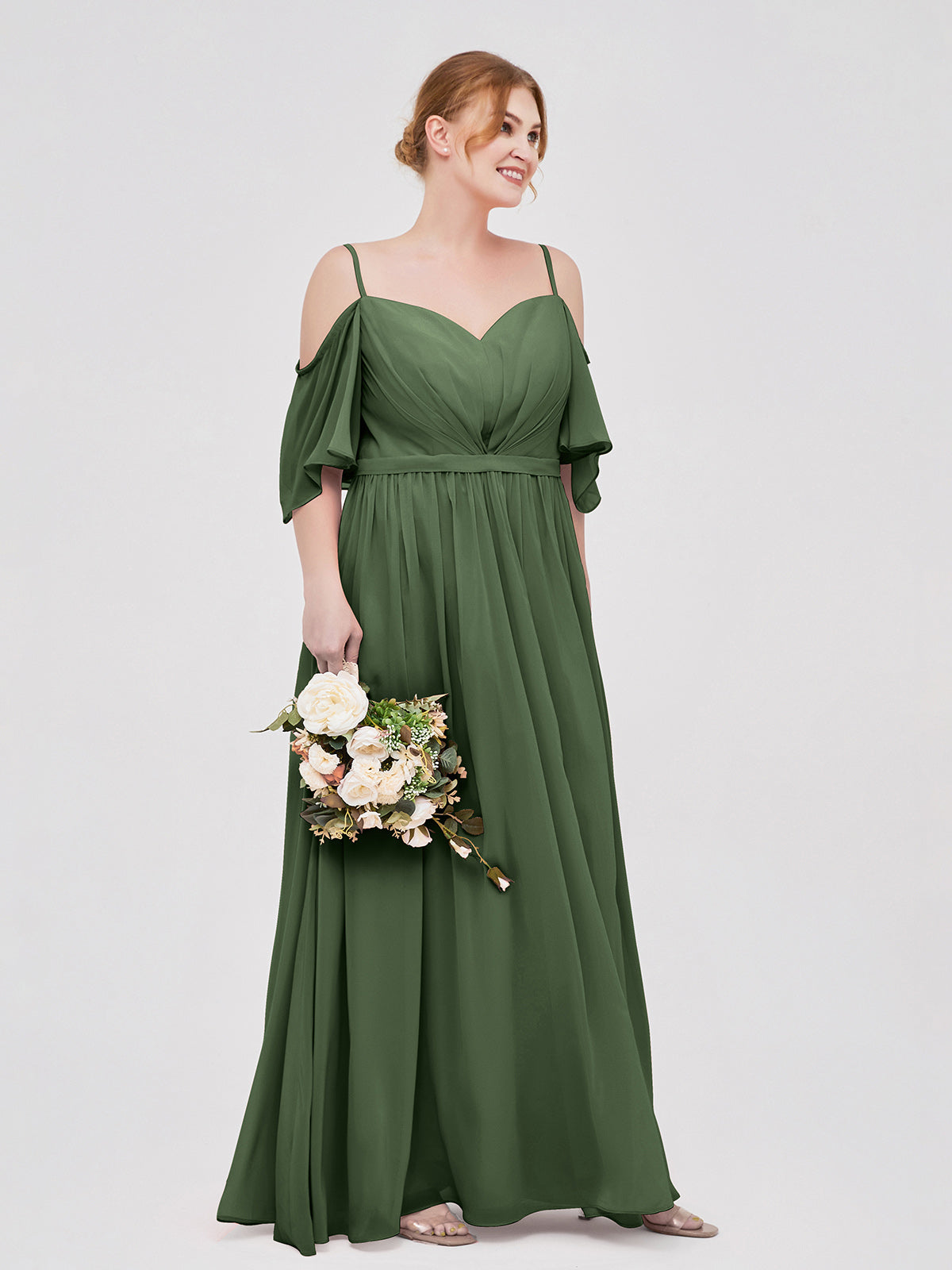 Vestidos de chiffon con tirantes finos y hombros descubiertos Verde Oliva Tallas Grandes