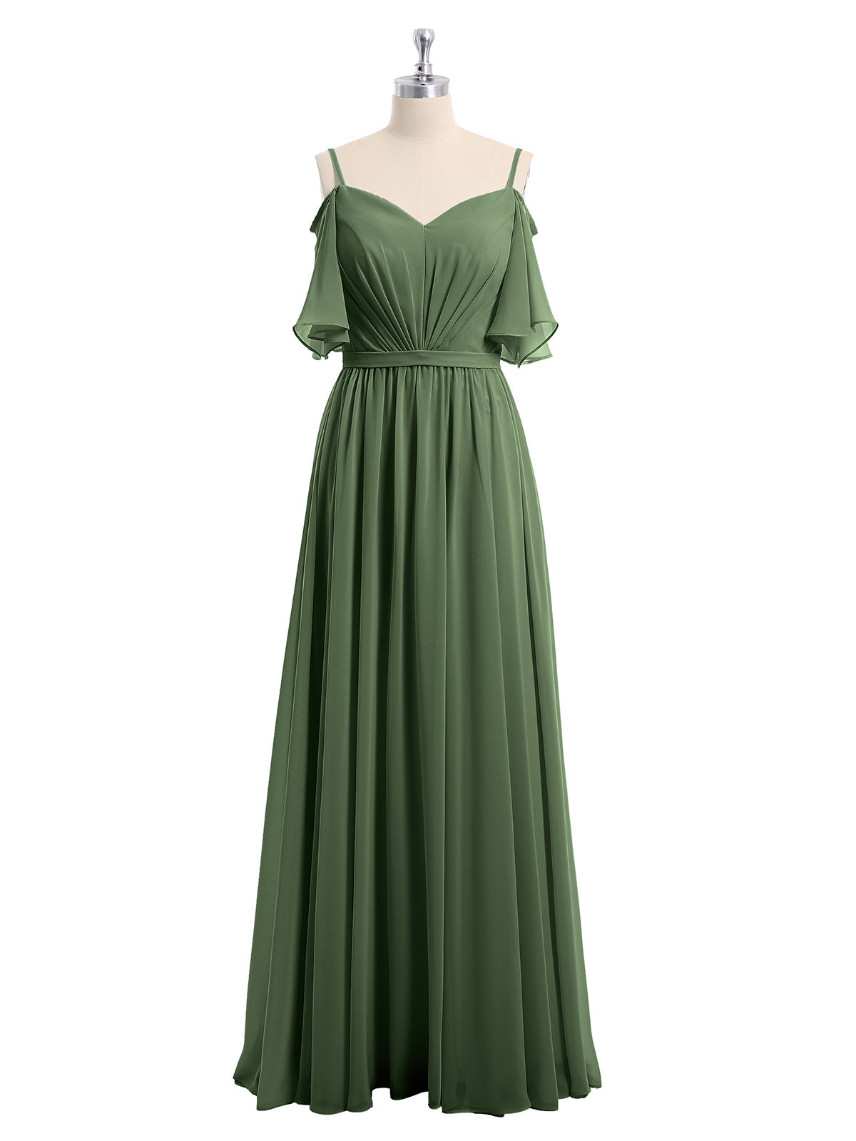 Vestidos de chiffon con tirantes finos y hombros descubiertos Verde Oliva Tallas Grandes