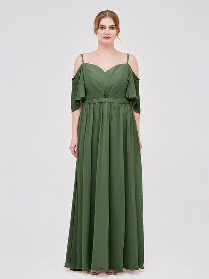 Vestidos de chiffon con tirantes finos y hombros descubiertos Verde Oliva Tallas Grandes