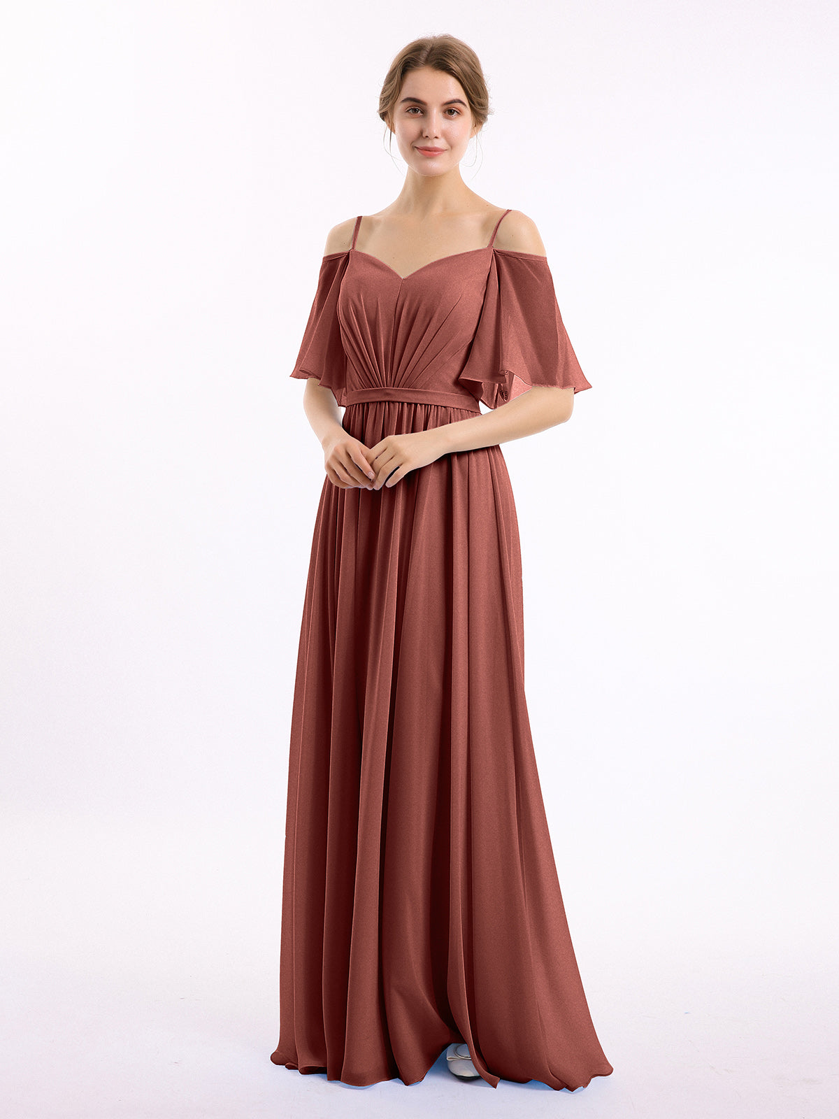 Vestidos de chiffon con tirantes finos y hombros descubiertos Terracota