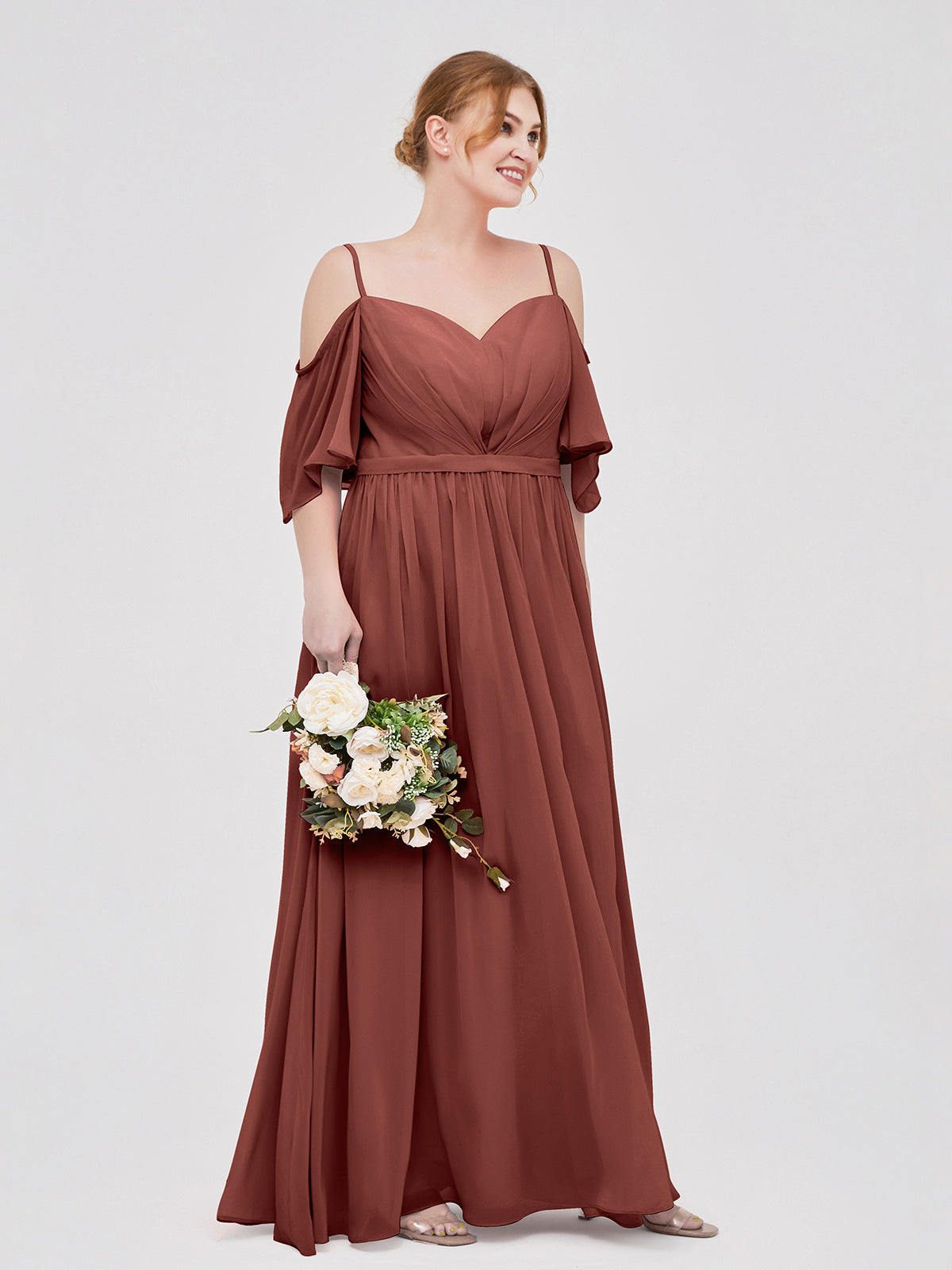 Vestidos de chiffon con tirantes finos y hombros descubiertos Terracota Tallas Grandes