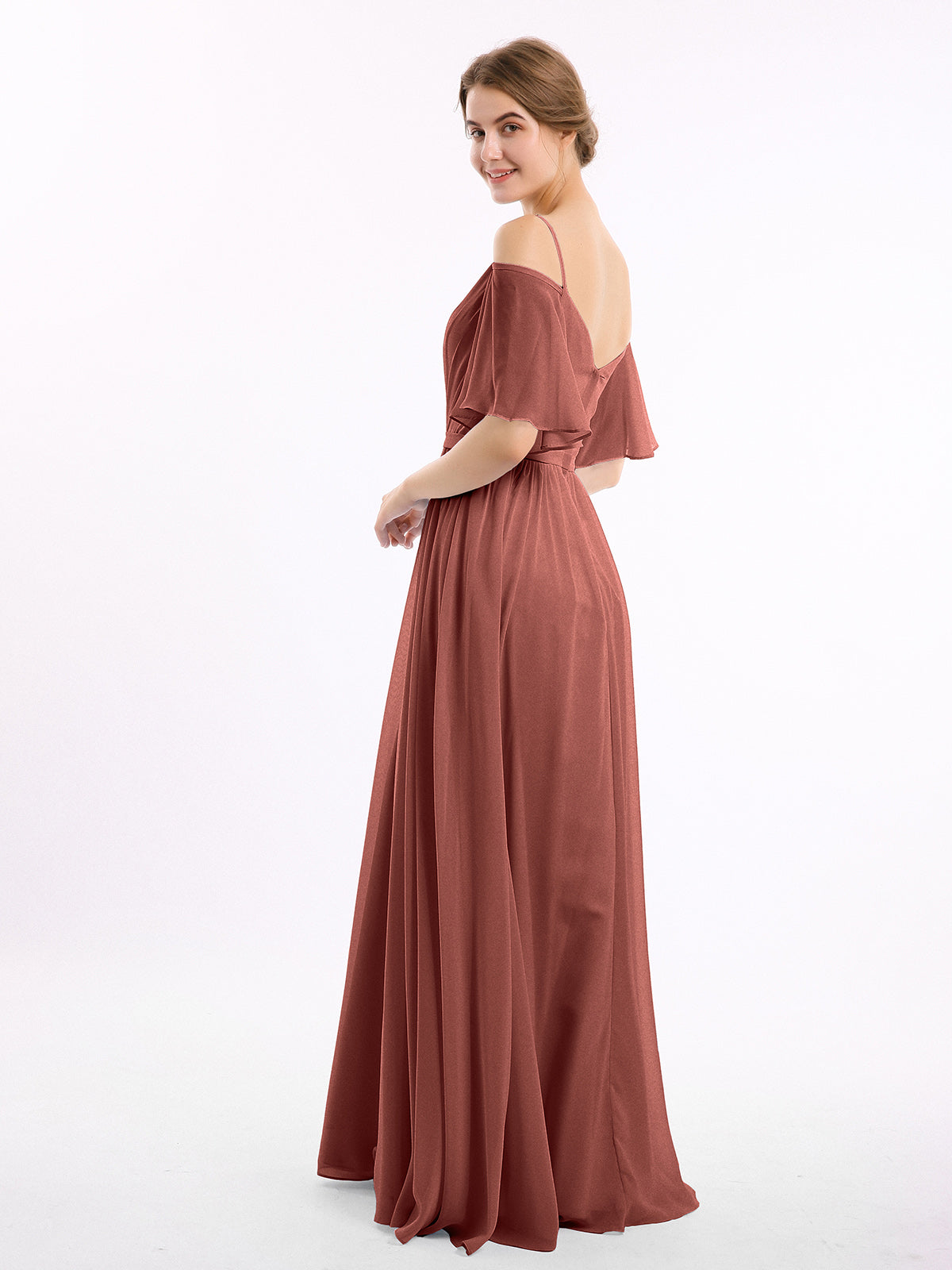 Vestidos de chiffon con tirantes finos y hombros descubiertos Terracota