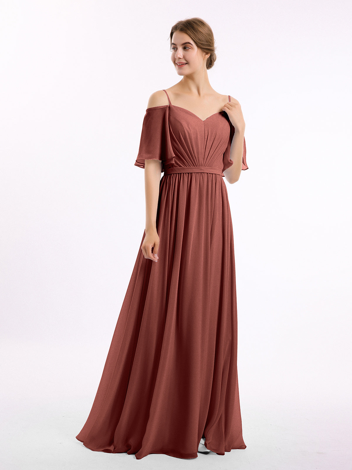 Vestidos de chiffon con tirantes finos y hombros descubiertos Terracota