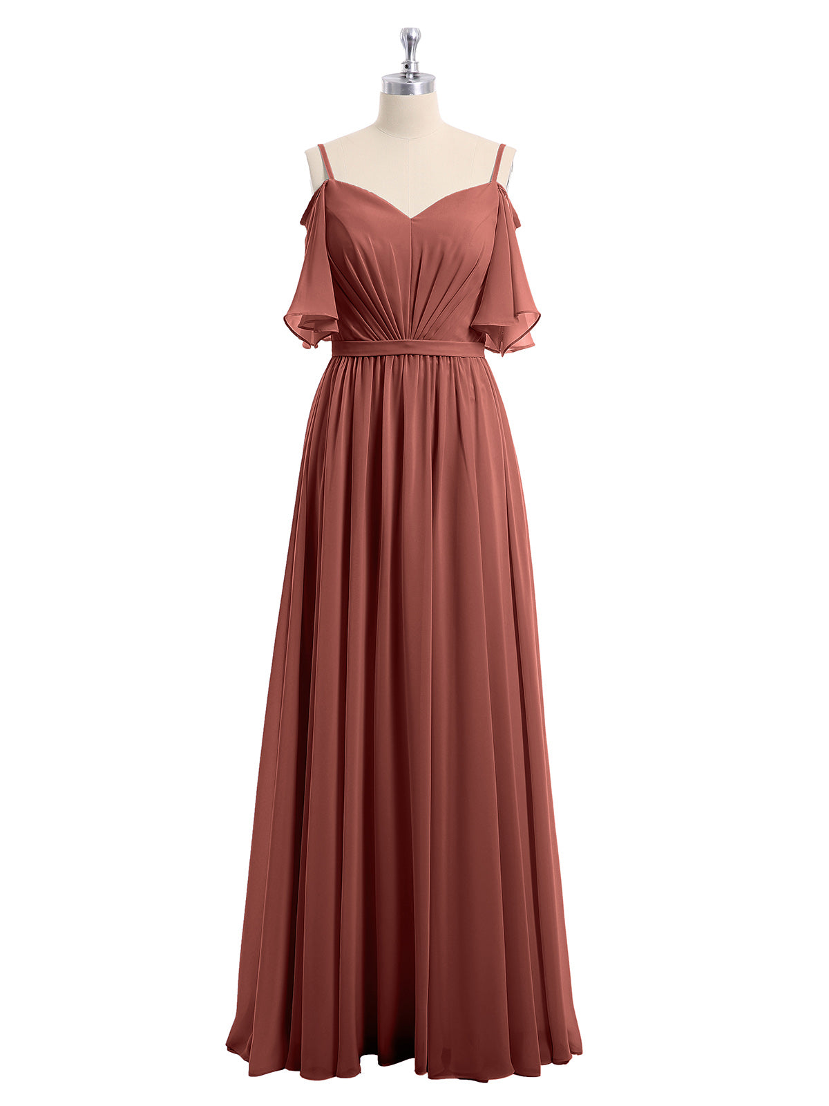 Vestidos de chiffon con tirantes finos y hombros descubiertos Terracota Tallas Grandes
