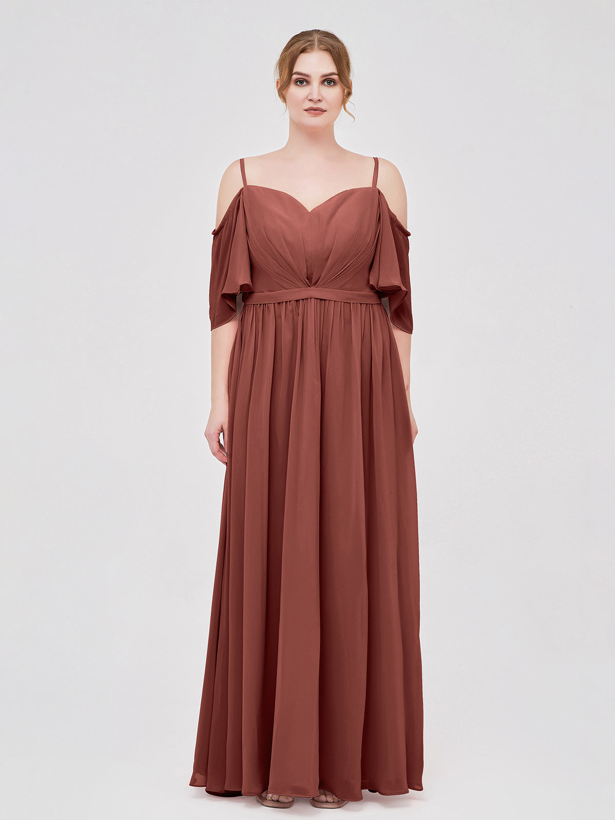 Vestidos de chiffon con tirantes finos y hombros descubiertos Terracota Tallas Grandes