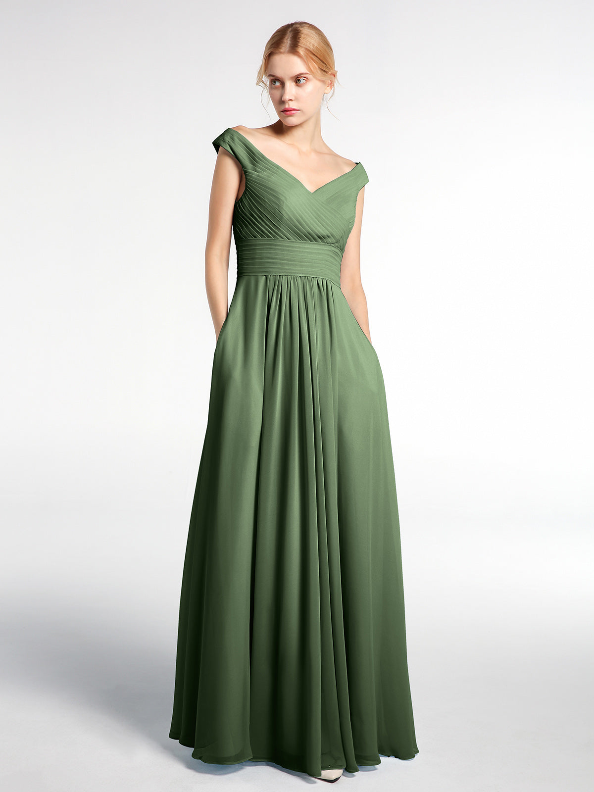 Vestido maxi con escote en V y hombros descubiertos con bolsillos Verde Oliva